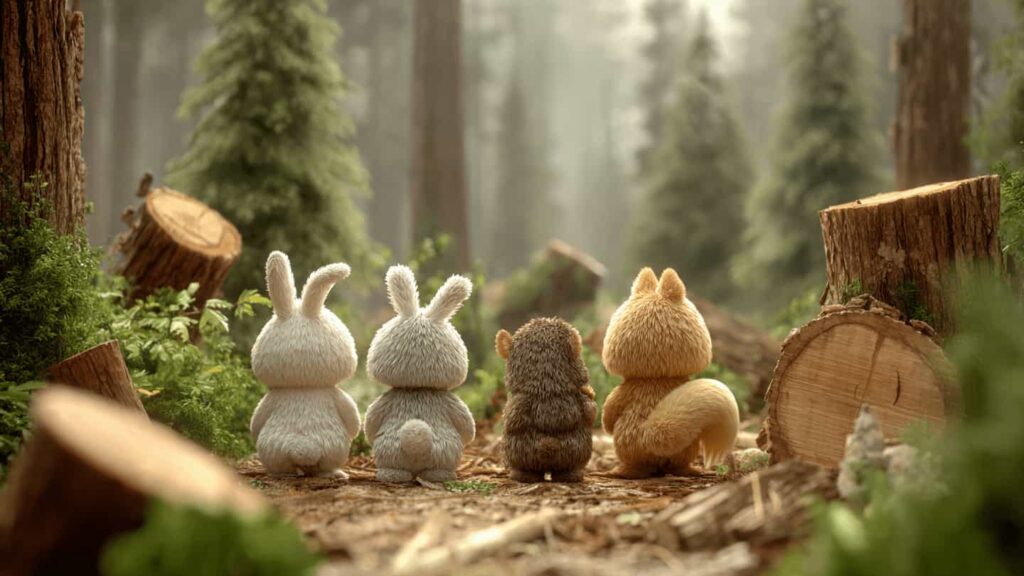 Cute animal friends looking at a recently cut forest with tree stumps and fallen logs