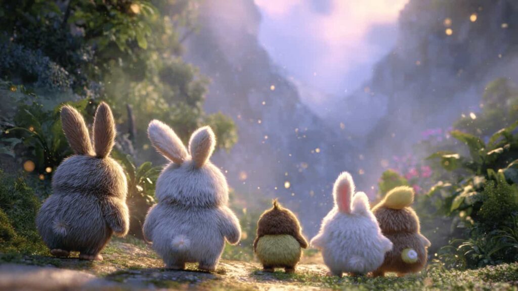 Animal friends walking toward a glowing magical mountain in an enchanted forest