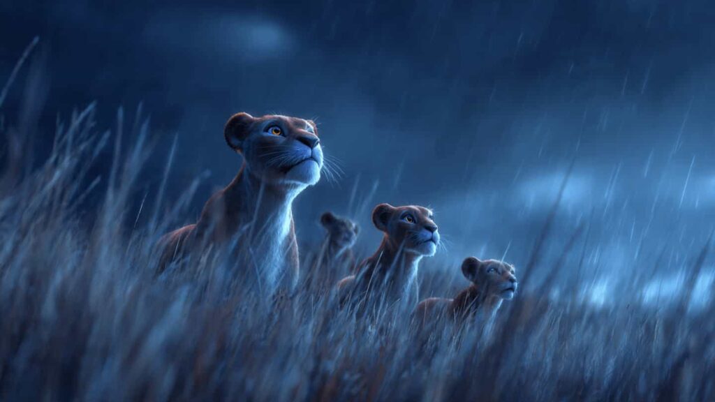 Lioness and cubs anxiously searching through tall grass during a stormy night in the savannah
