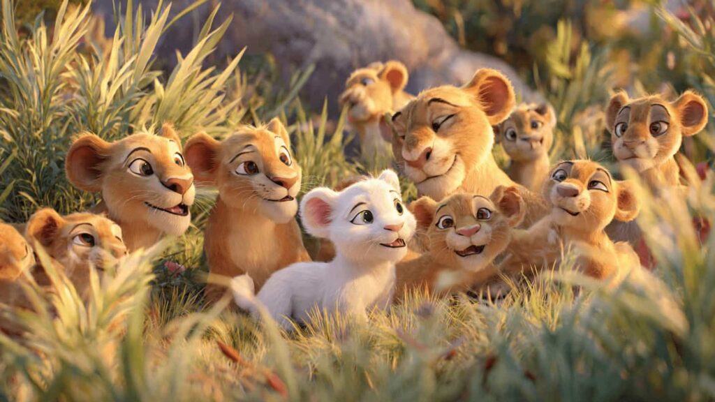 Lioness mother and cubs peacefully gathered together in warm sunset light, with Jojo the white cub