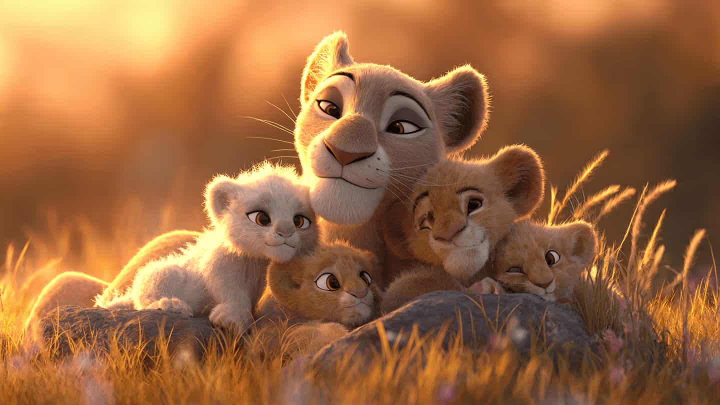 Gentle lioness mother resting in warm savannah light with four cubs, including Jojo the glowing white cub
