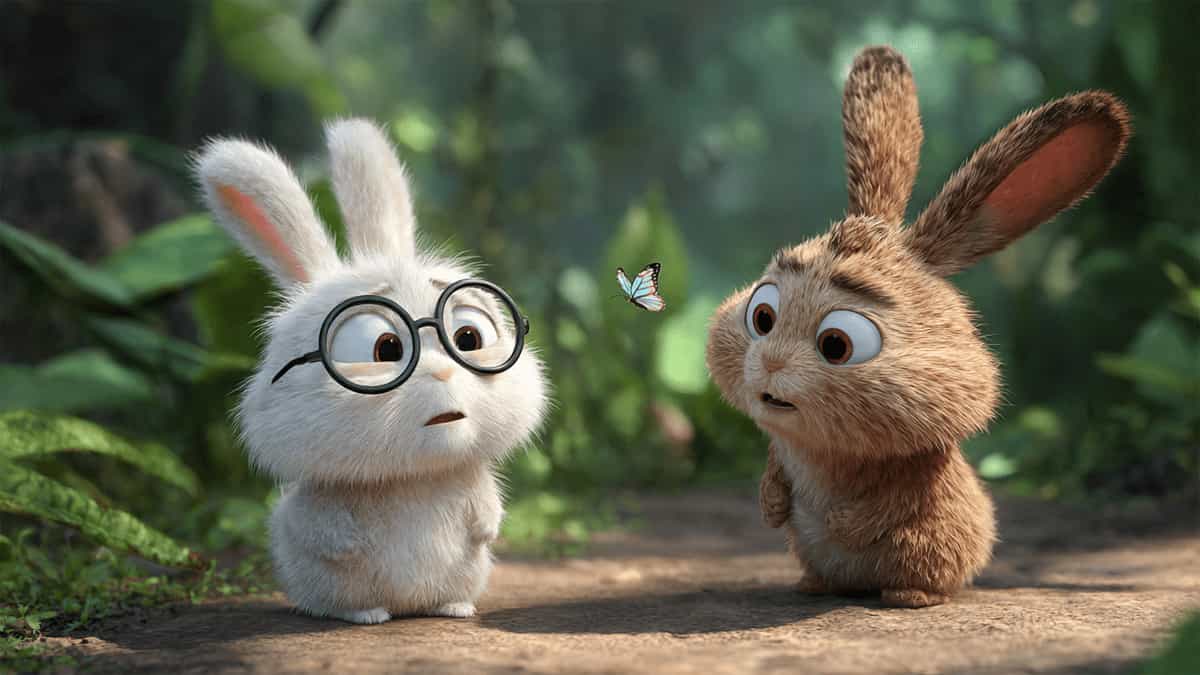 White bunny Tiko wearing glasses looks confused at a butterfly while brown bunny Toto watches in the jungle