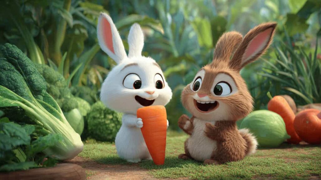 Bunny friends Tiko and Toto happily eating carrots together in a vegetable garden