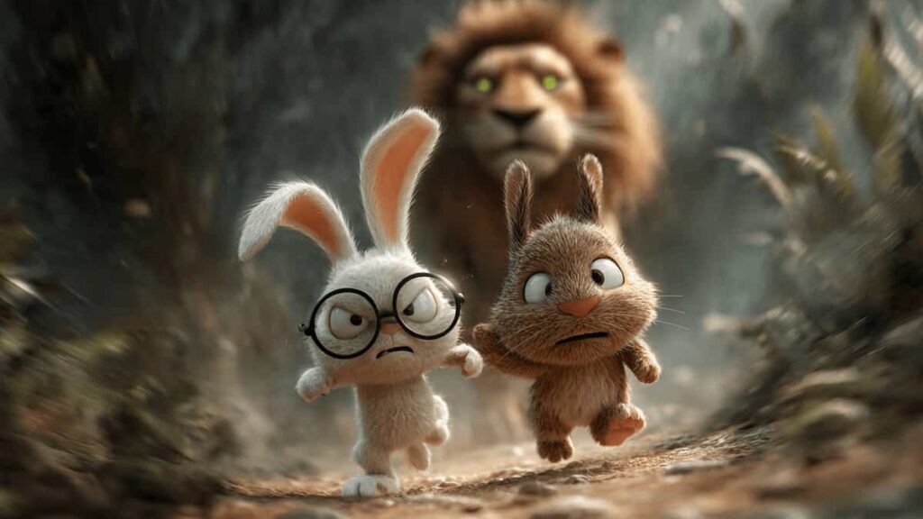 Two bunny friends run from a lion in the jungle as Toto helps Tiko escape