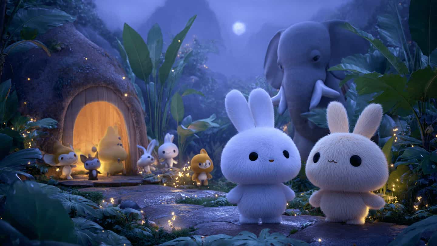 Two cute fluffy bunnies Kittu and Kiko standing near their cozy cottage in a magical forest with animal friends and a gentle elephant
