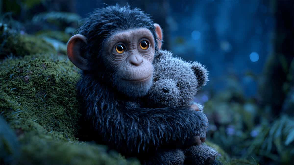 A 3D Pixar-style young chimpanzee named Chimm with large amber eyes, sitting on green moss in a dark jungle and hugging a grey teddy bear.