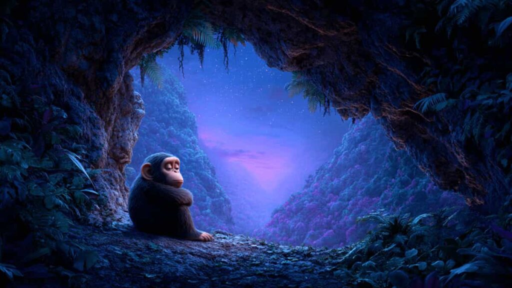 A small chimpanzee sitting alone at the mouth of a large, dark cave, looking out at a vast jungle under a purple and blue twilight sky.