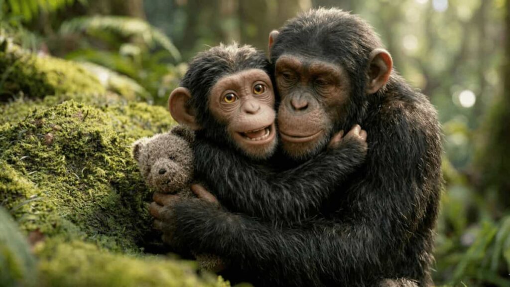 A joyous 3D Pixar-style scene of a mother chimpanzee, Manya, hugging her son Chimm in a sun-dappled jungle while he still holds his teddy bear.