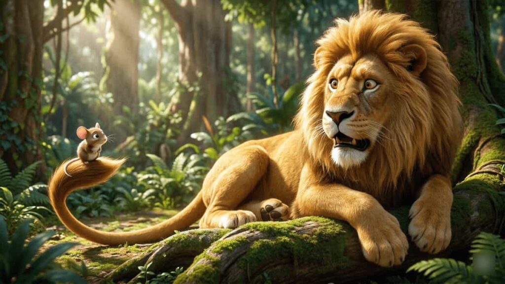 Sheru and Chintu Lion and Mouse Friendship Story 2 Little mouse Chintu standing on Sheru the lion's tail as the lion wakes up in the jungle