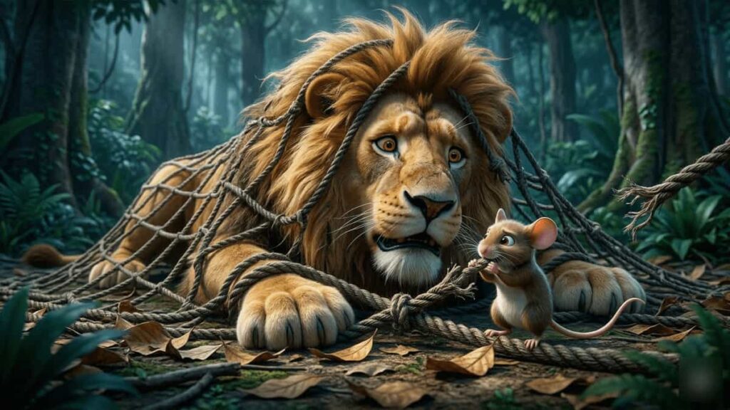 Sheru and Chintu Lion and Mouse Friendship Story 3 Tiny mouse Chintu gnawing a rope net to free Sheru the lion from a hunter trap