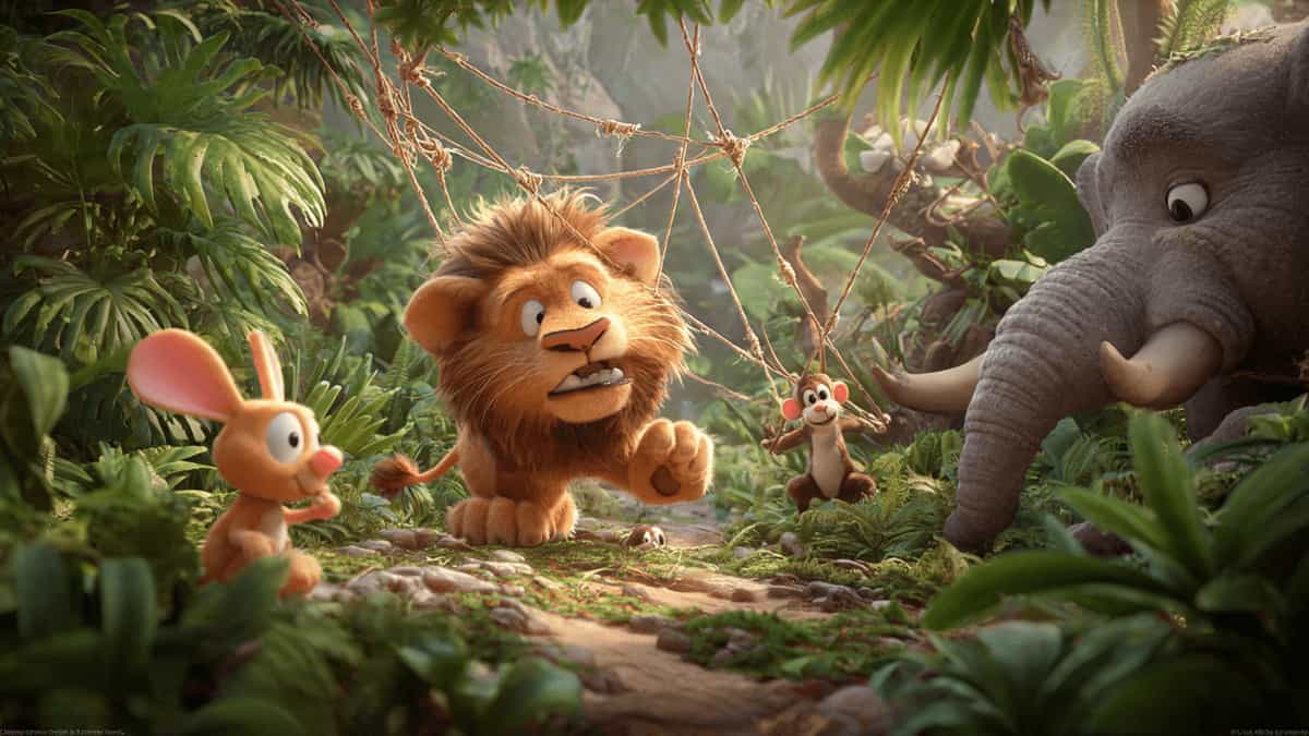 Mouse saving trapped lion in jungle Pixar style