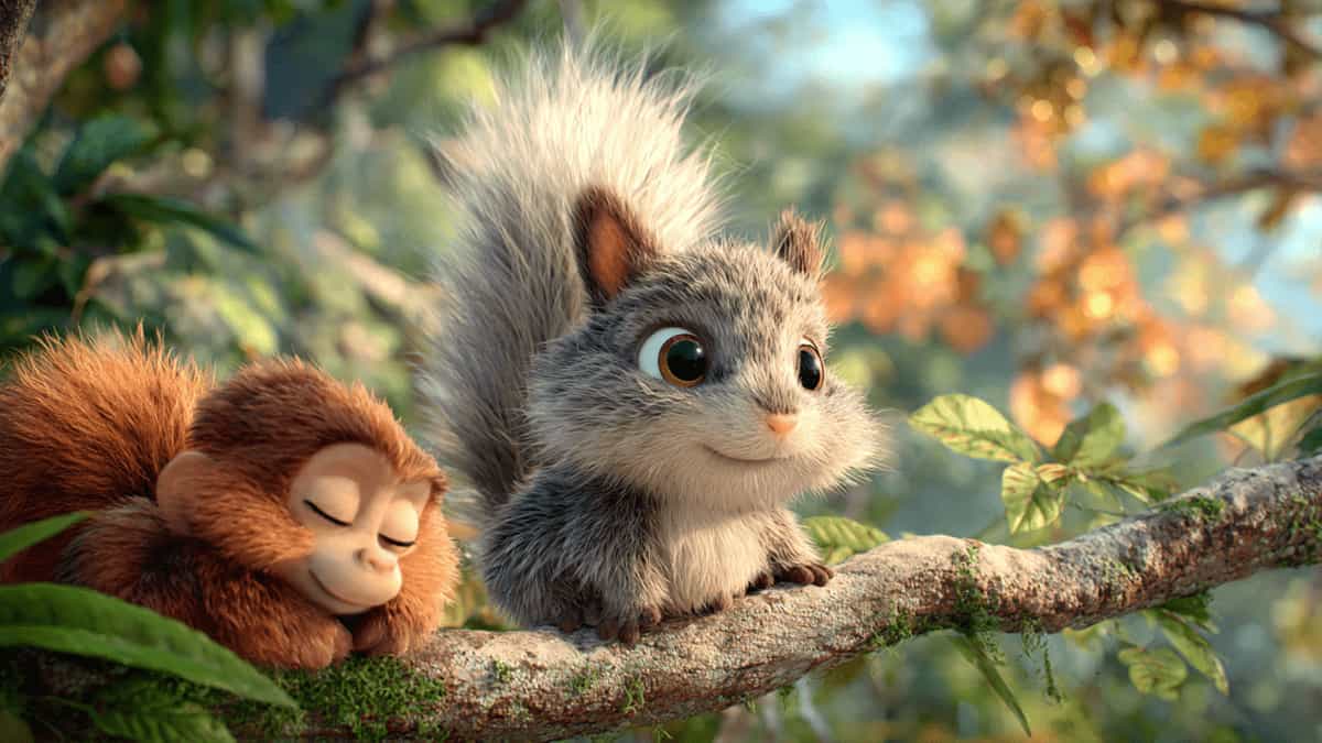 Curious little squirrel Kittu sitting on a forest branch observing the jungle around her