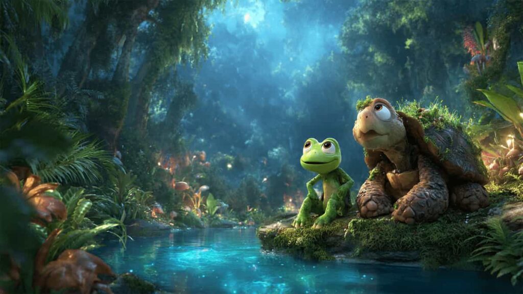 A 3D Pixar-style green tortoise and a cheerful frog standing on a mossy rock overlooking a sparkling blue forest lake at sunset.