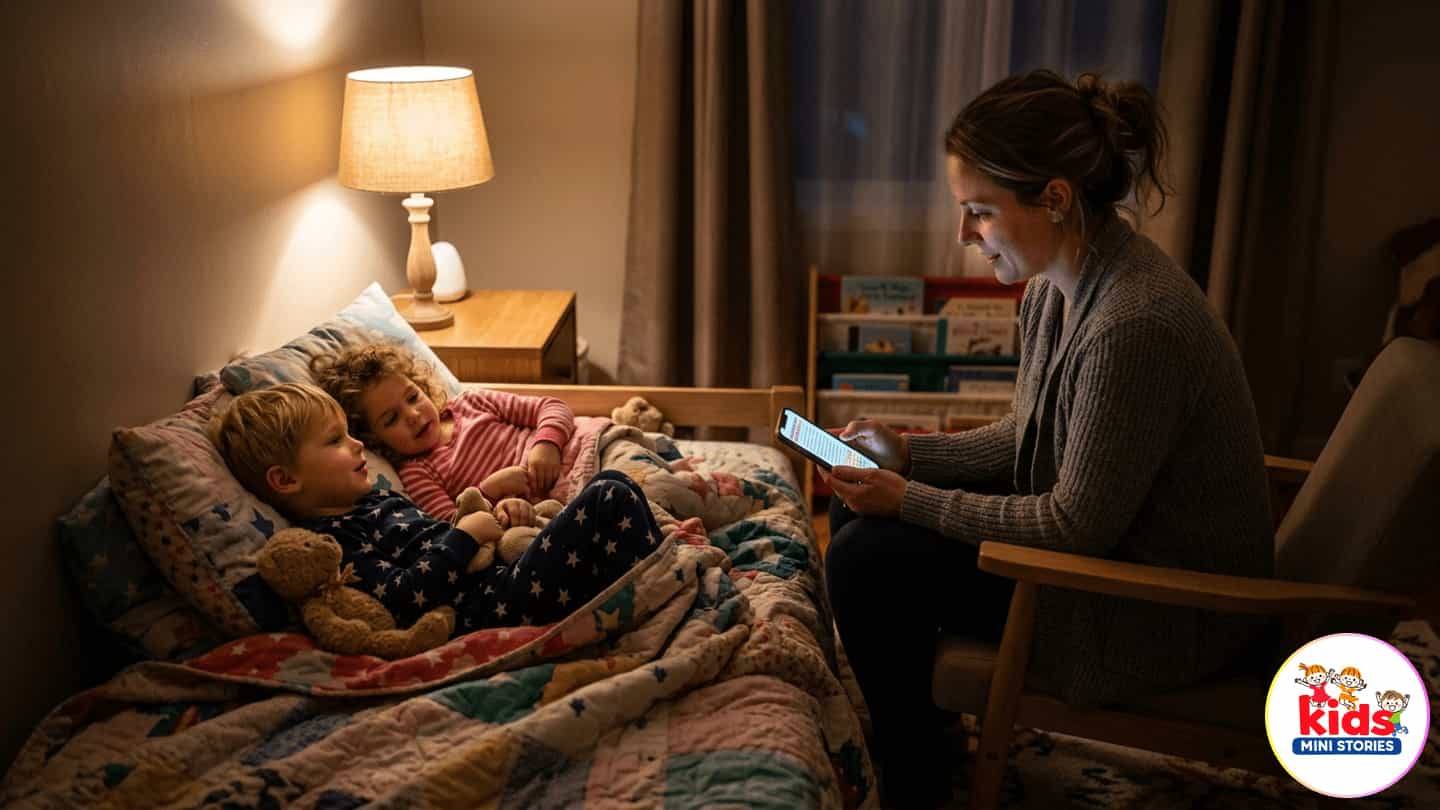 Mother reading bedtime story from phone to two kids lying in bed under dim light