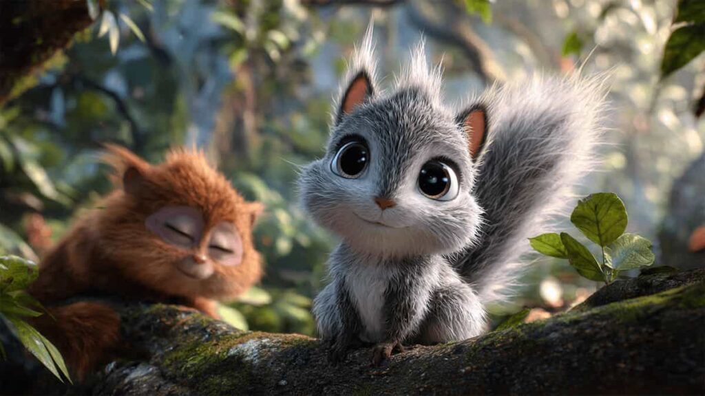A Naughty Little Squirrel Who Learned a Big Lesson 2 Kittu the mischievous squirrel watching Fantusss the monkey sleeping on a tree branch