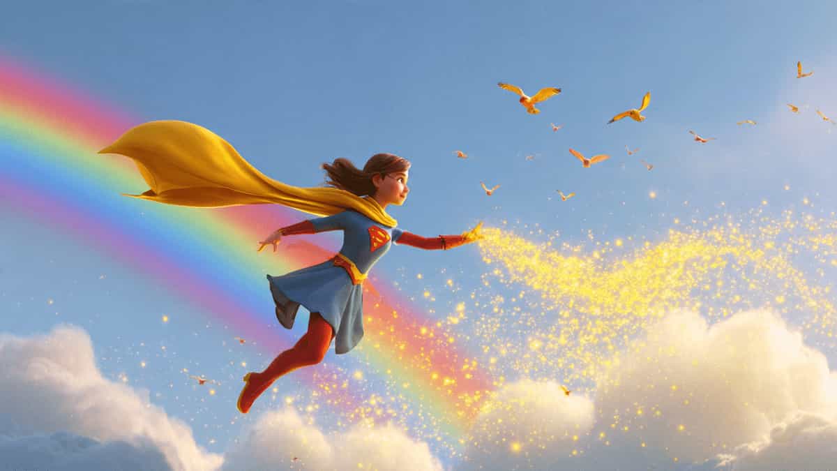 Maya the Flying Heroine fixing a rainbow in the sky with magical yellow sparkles, Pixar-style illustration.