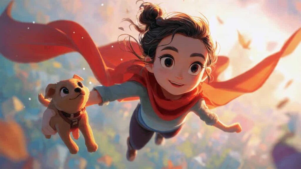 Maya the Flying Heroine flying with a glowing scarf helping a lost puppy in a city park, Pixar-style illustration.