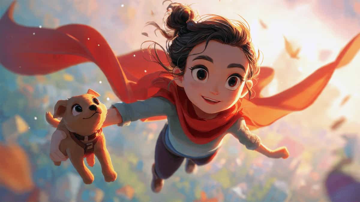 Maya the Flying Heroine flying with a glowing scarf helping a lost puppy in a city park, Pixar-style illustration.