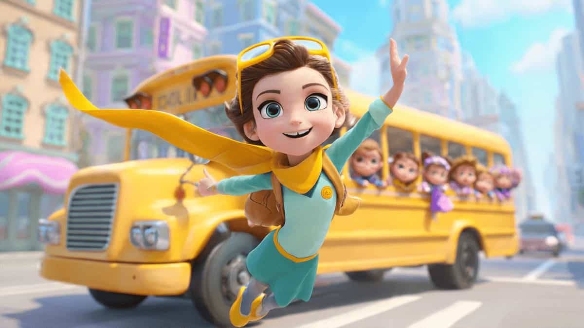 Maya the Flying Heroine lifting a school bus to help children, Pixar-style superhero girl illustration.