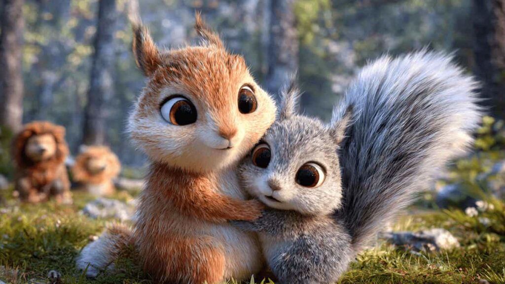 A Naughty Little Squirrel Who Learned a Big Lesson 4 Munmun the mother squirrel hugging her baby Kittu in the forest after a dangerous adventure