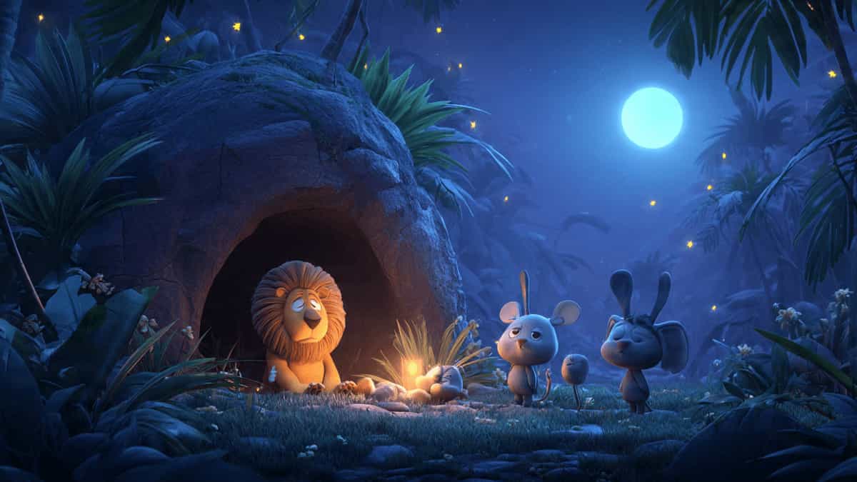 Lion sitting sad at night jungle with friends Pixar style
