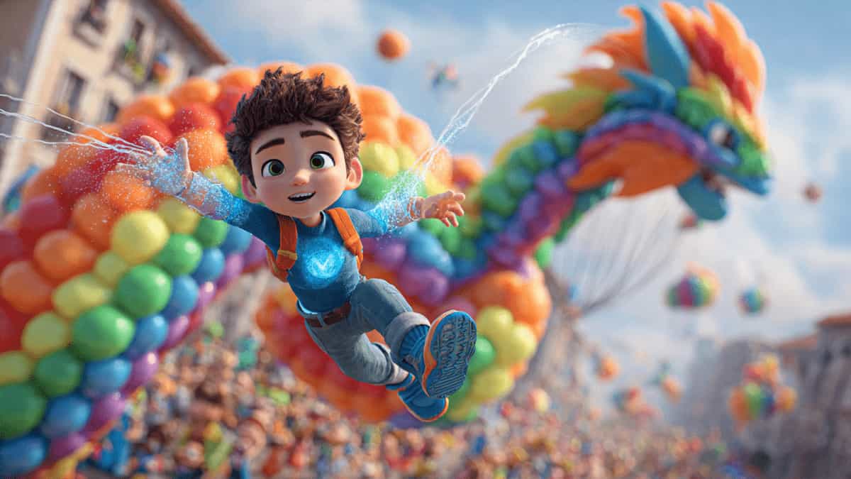 Night Web Hero swinging on sparkling webs to save a giant rainbow balloon during a city parade, Pixar-style.