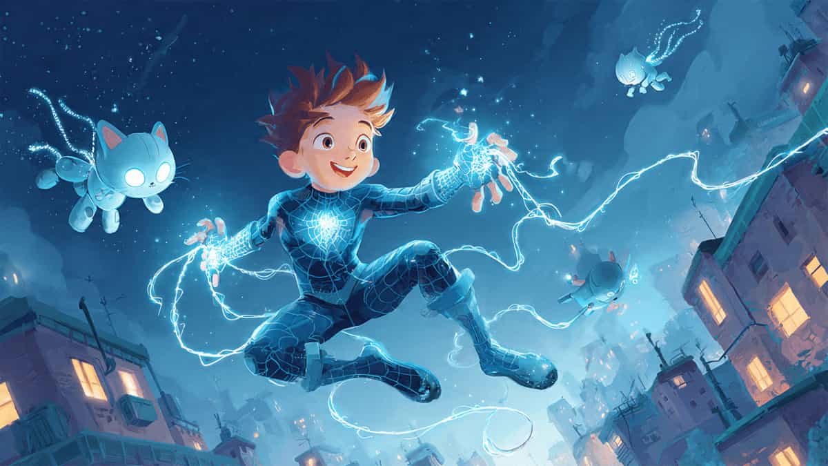 Night Web Hero swinging with glowing webs to save kittens and robots in a city at night, Pixar-style.