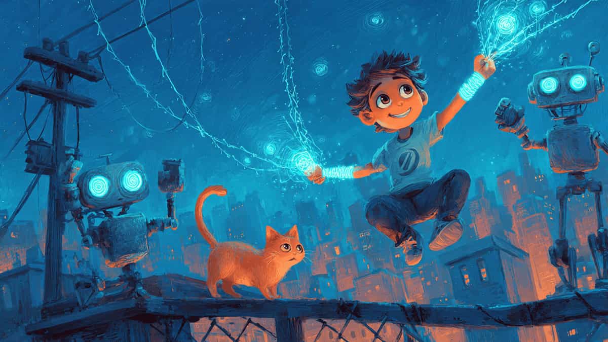 Night Web Hero swinging on webs to rescue a tiny orange kitten from a fence, Pixar-style, kid-friendly.