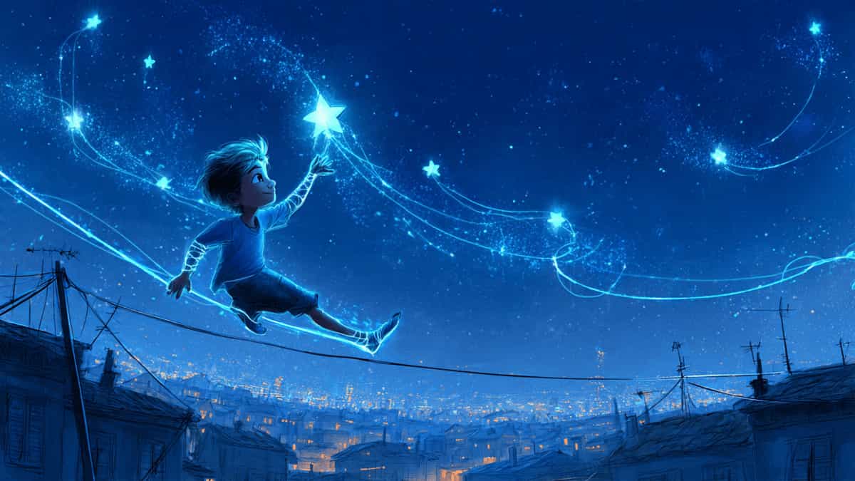 Night Web Hero swinging with glowing webs to lift a tiny star back into the night sky, Pixar-style.