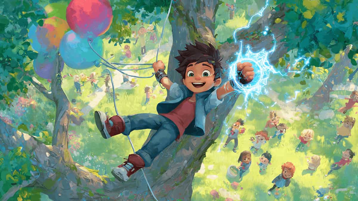 Night Web Hero swinging to rescue a rainbow balloon stuck in a tree, Pixar-style, children cheering below.