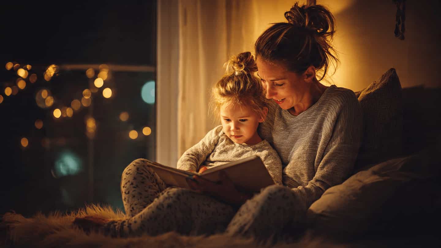 Mother reading bedtime story book to child at night