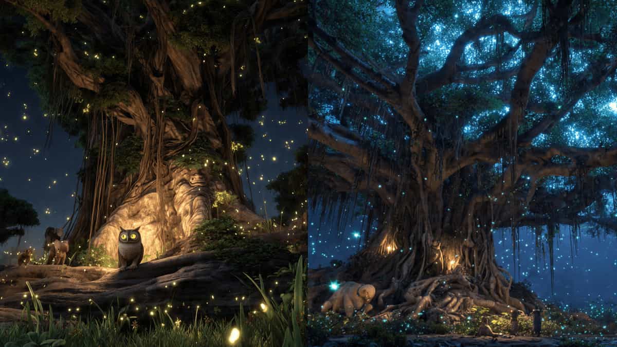Old banyan tree with owl and jungle animals Pixar style