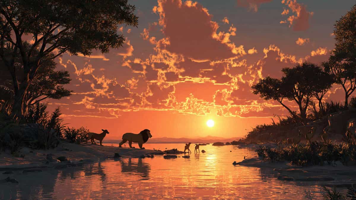 Lion deer mouse seeing big shadow near river Pixar style