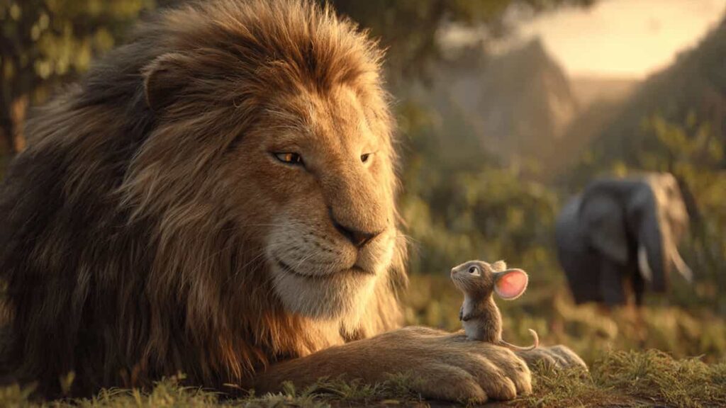 Sheru the lion gently meeting the tiny mouse Chintu in the jungle clearing