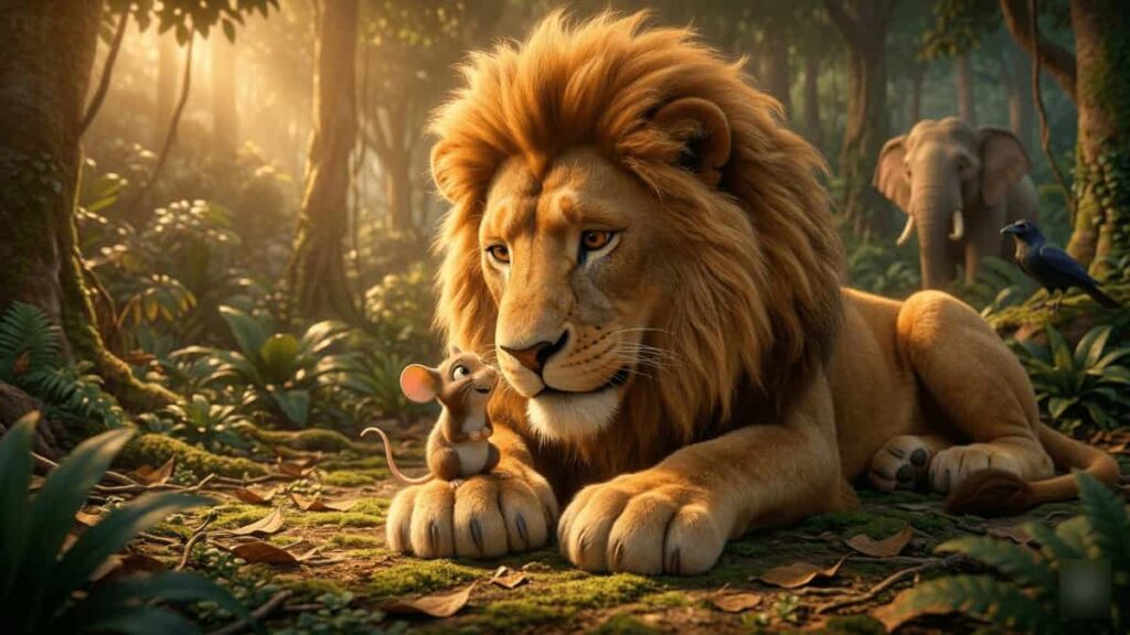 Sheru and Chintu Lion and Mouse Friendship Story 4 Sheru the lion holding the tiny mouse Chintu on his paw after being rescued