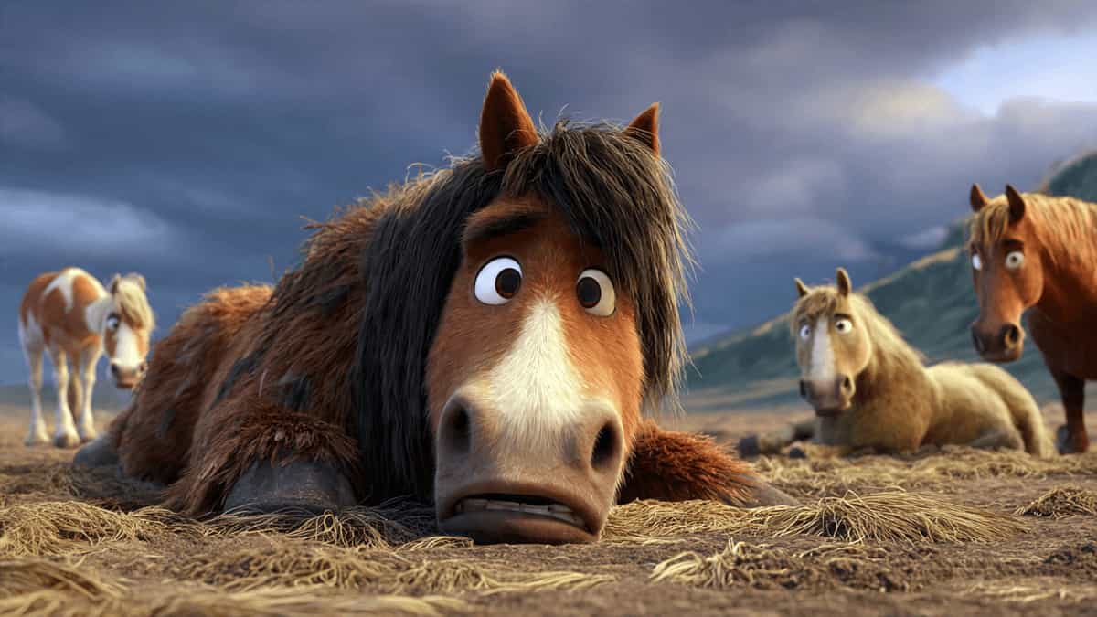 A tired, hungry horse lying on dry dirt while a group of kind horses looks on with concern, 3D animated scene.