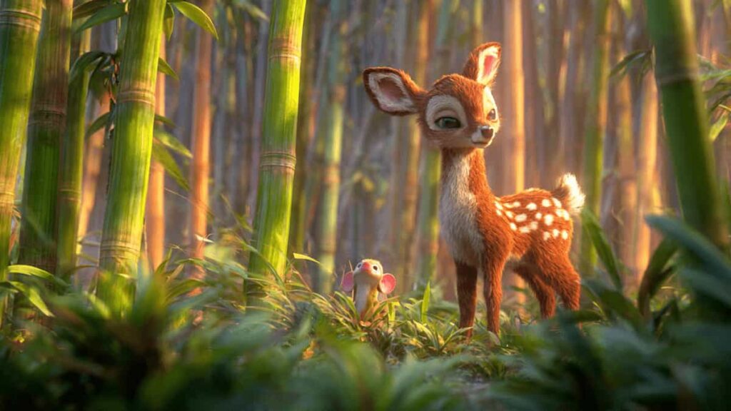 Little deer and mouse in bamboo forest Pixar style kids story