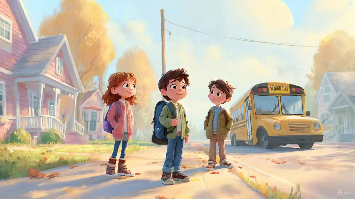 Liam with Olivia and James at a suburban US school bus stop, shy boy gaining confidence with friends